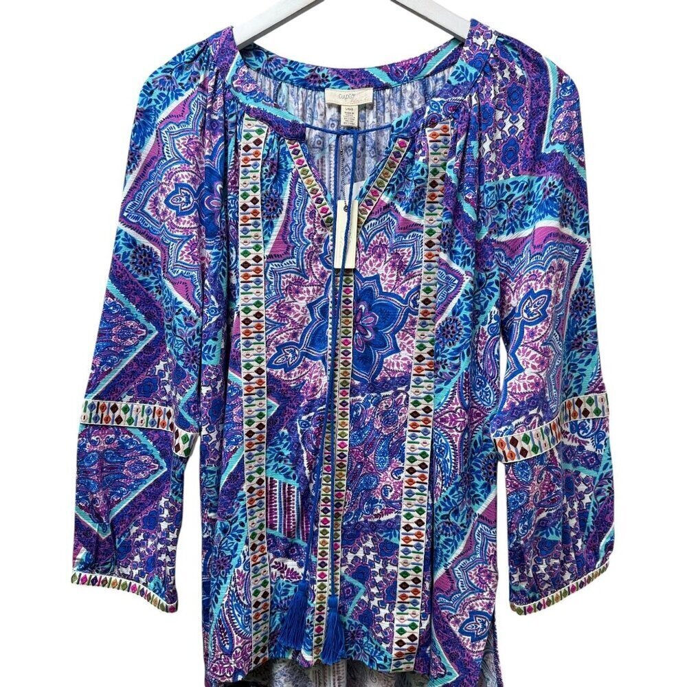 Cupio Boho Peasant Top Size Large Womens Tunic Tee Blouse Blue Paisley NWT